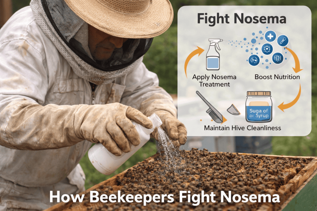 Beekeeper applying Nosema treatment onto a hive frame to protect colony health and support clean raw honey production.