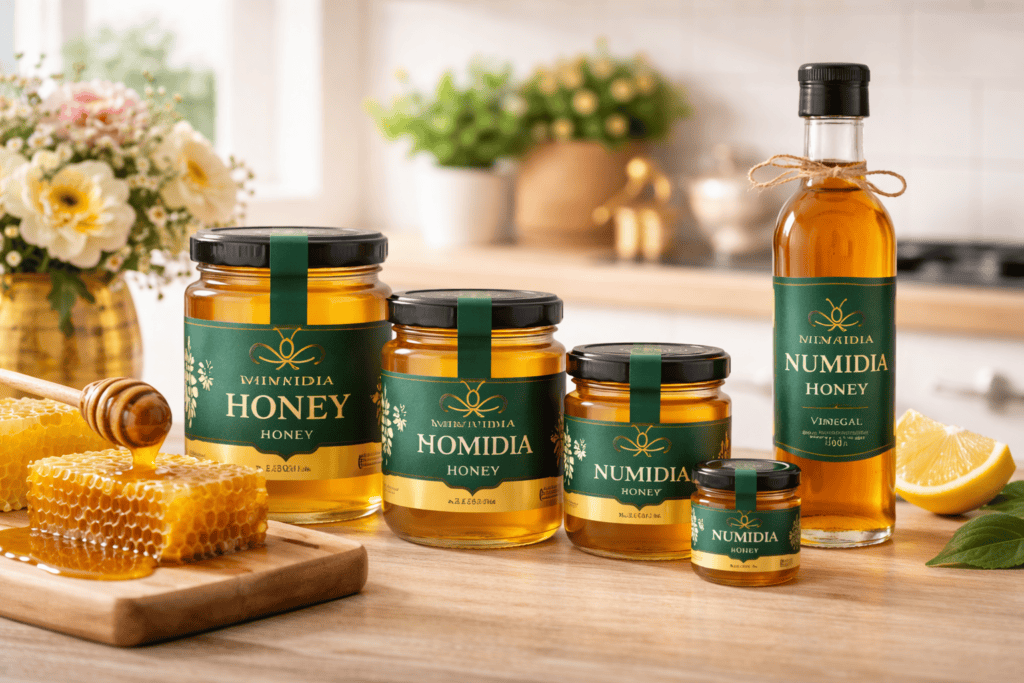 Numidia Honey collection with British honey jars and honey vinegar displayed on a luxury kitchen table — premium natural honey from the UK