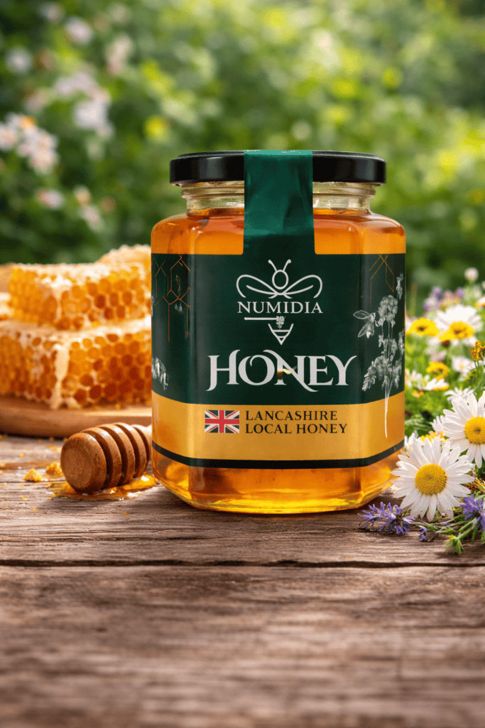 Numidia Honey 500g jar outdoors with honeycomb, white flowers, and a honey dipper, Lancashire british honey.