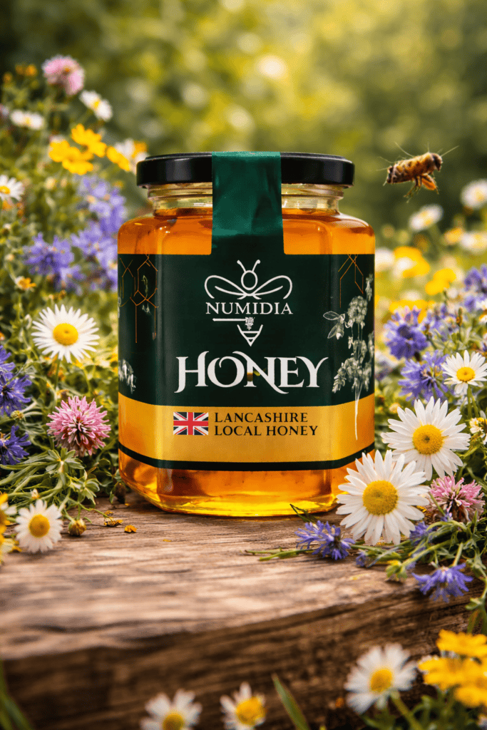 British honey Numidia Lancashire Local Honey jar surrounded by wildflowers on a wooden table