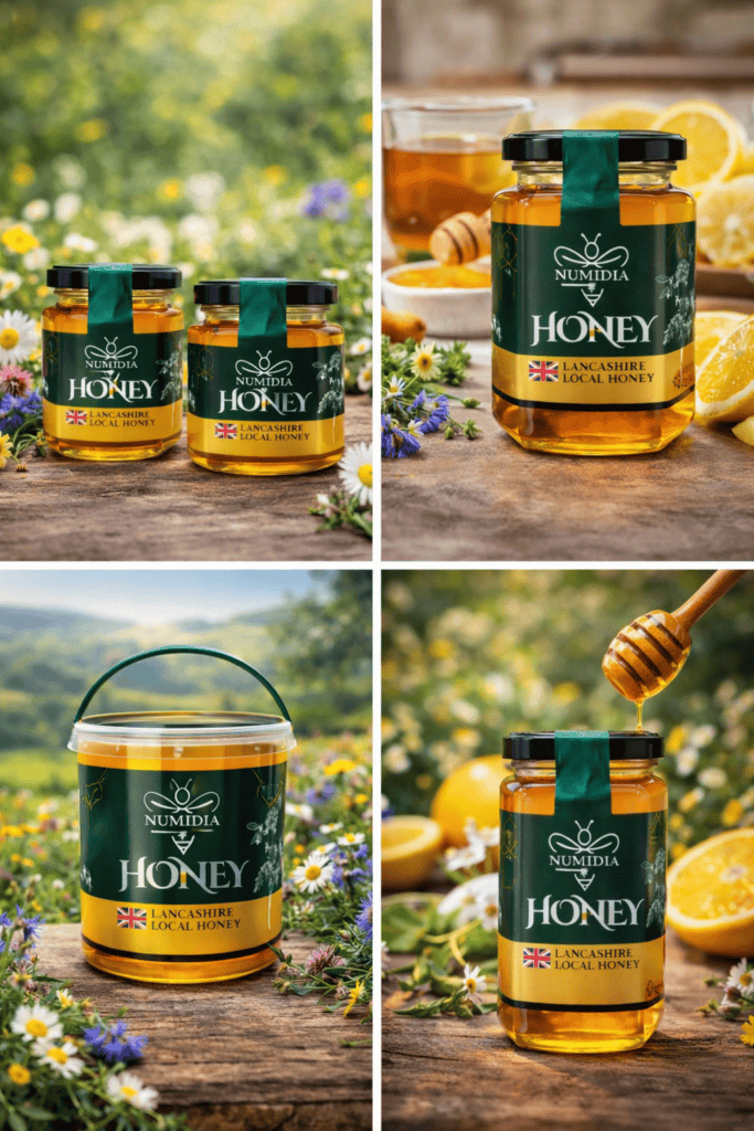 Two jars of Numidia Lancashire british honey placed on wildflowers – premium British raw honey.