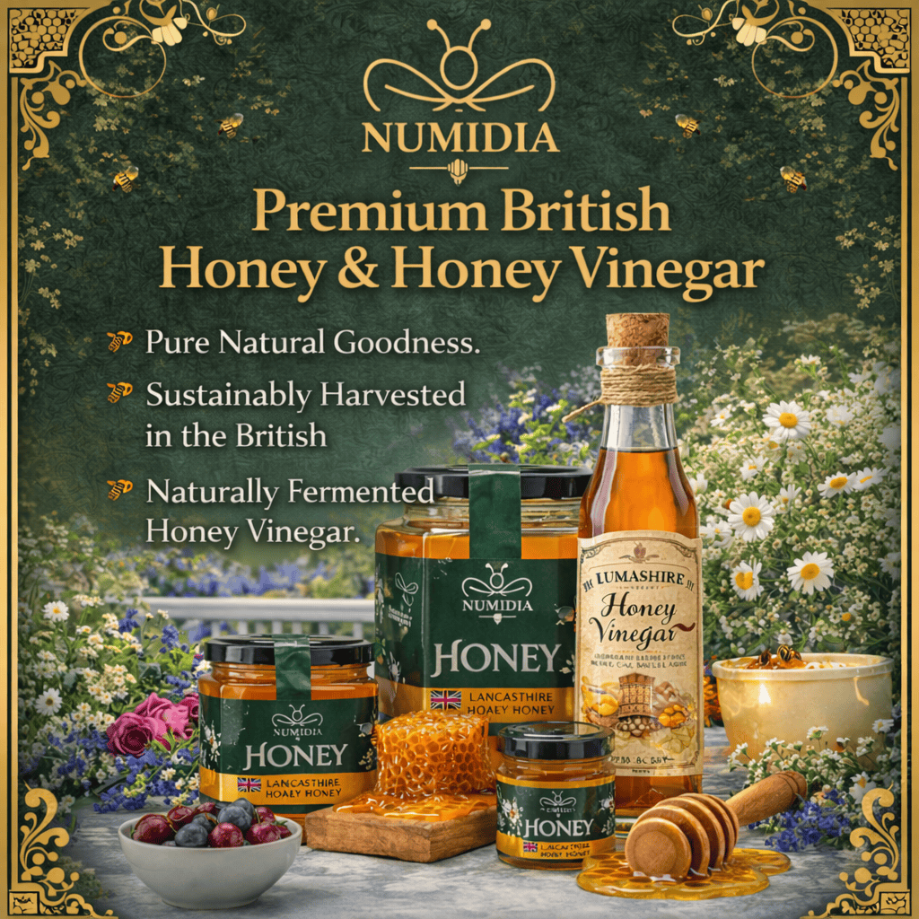 Premium British honey and honey vinegar from Numidia Kingdom displayed with honeycomb, jars, and natural ingredients.