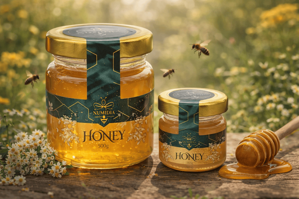 Numidia Kingdom local honey mini jar with gold lid and green label displayed on a clean background
