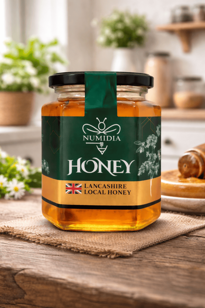 Numidia Kingdom Lancashire local honey jar with green and gold label on white background
