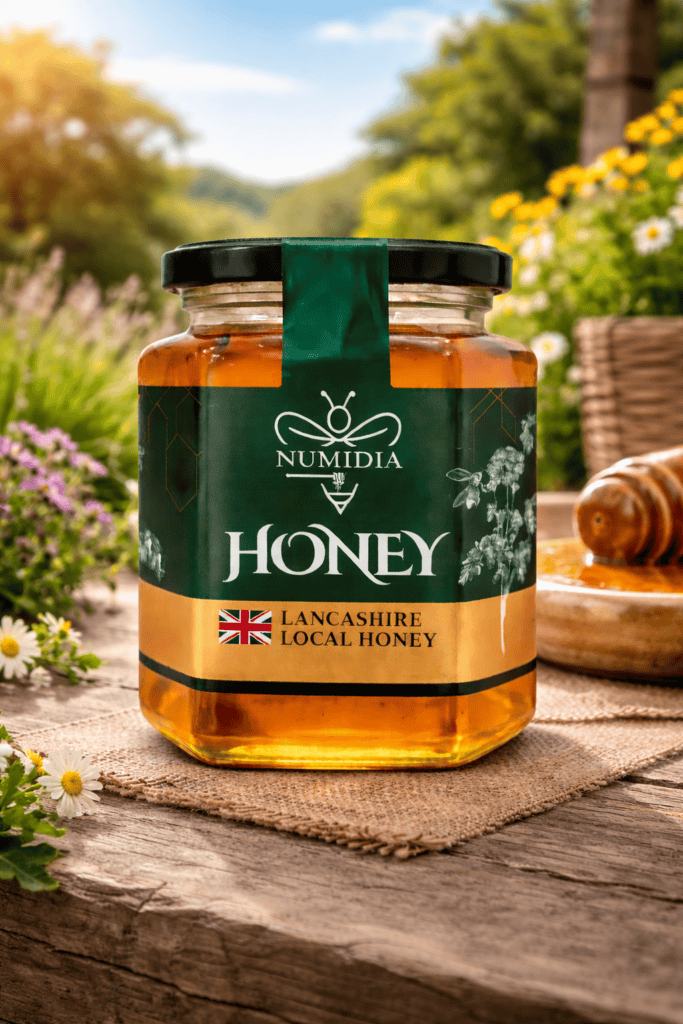 Numidia Kingdom Lancashire local honey jar with green and gold label on white background