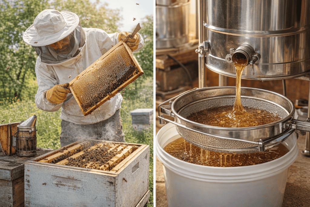 Beekeeper lifting a honeycomb frame and fresh honey flowing from an extractor during the honey harvesting process.
