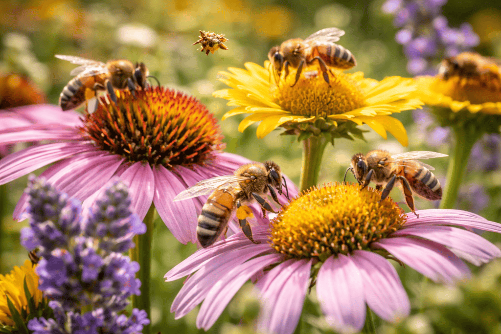 Worker bees collecting nectar from bright flowers.