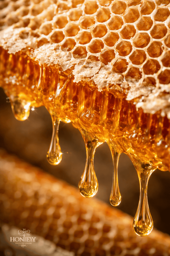 Close-up of fresh honey dripping from a wooden frame during Numidia Honey harvest