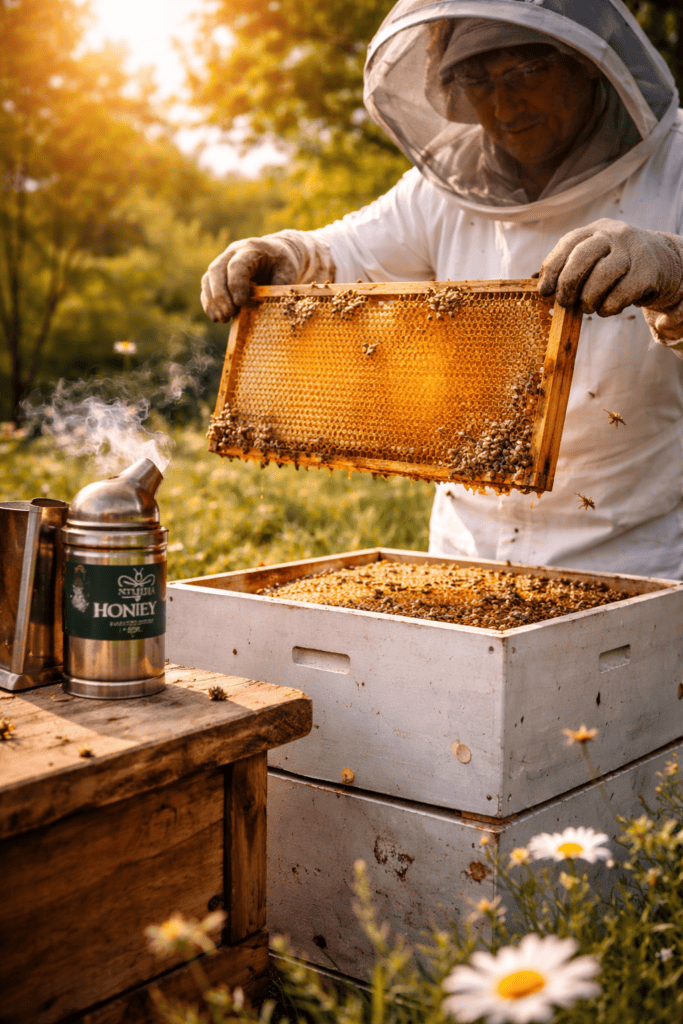 Open beehive frame with bees at Numidia Honey apiary in Lancashire