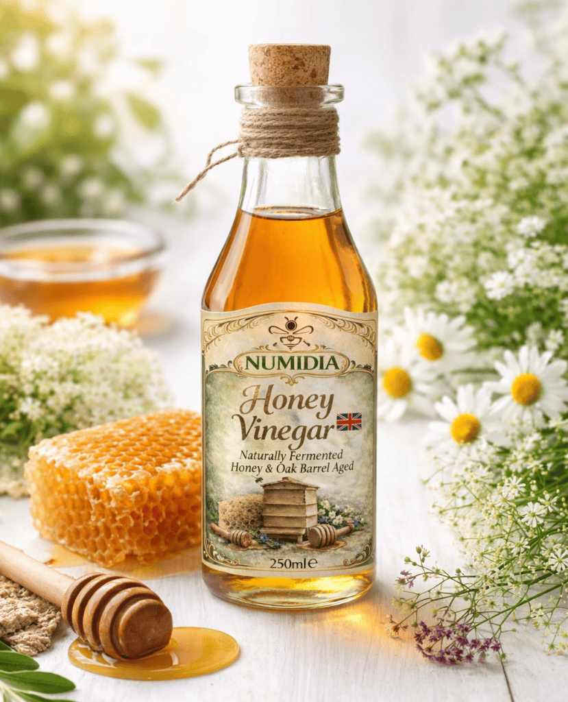 British honey vinegar by Numidia Kingdom, naturally fermented artisan honey vinegar in a 250ml glass bottle