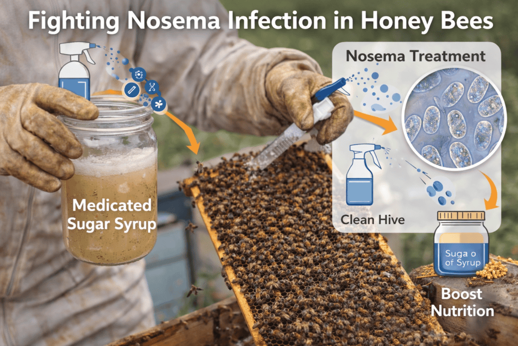 Beekeeper using Nosema control methods with illustrated icons showing treatment steps, hive cleaning, and nutrition to protect raw honey production.