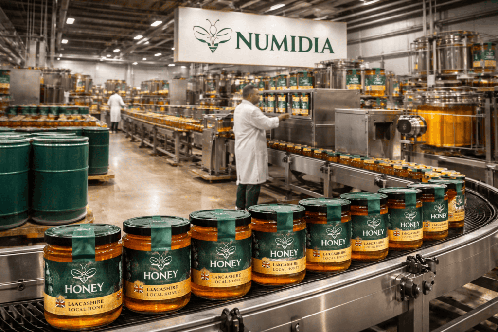 Production line at Numidia Kingdom showing jars of Lancashire local honey being processed in a modern UK honey facility.