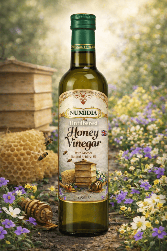 Bottle of Numidia Unfiltered Honey Vinegar with flowers and honeycomb background