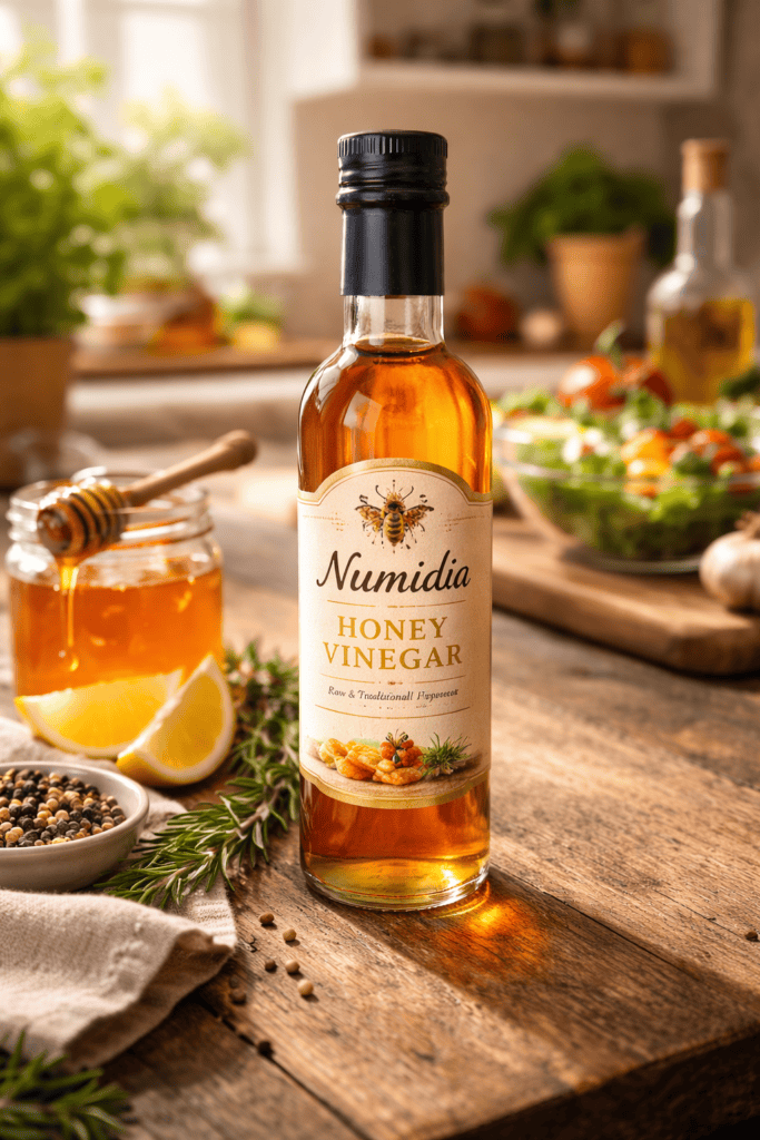 Numidia Honey Vinegar bottle on a rustic kitchen table surrounded by honey, lemon, and herbs