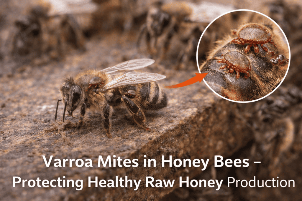 Close-up of a honey bee infested with Varroa mites, with a magnified inset showing the parasites that threaten hive health and raw honey production.