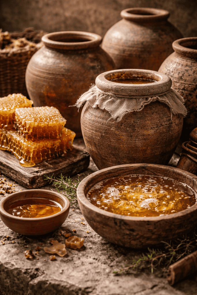 Ancient clay jars and natural honeycombs showing early honey vinegar fermentation methods used by early civilizations.