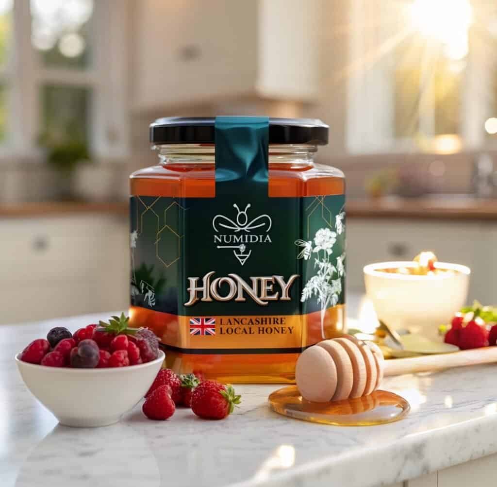 Numidia Kingdom 500g jar of premium British honey displayed on a wooden table with natural lighting