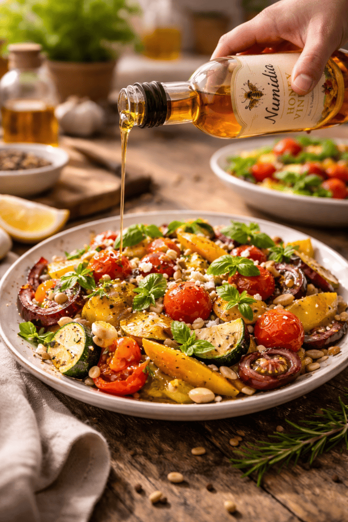Honey vinegar being drizzled over a plate of roasted vegetables with tomatoes, courgettes, basil, and feta.
