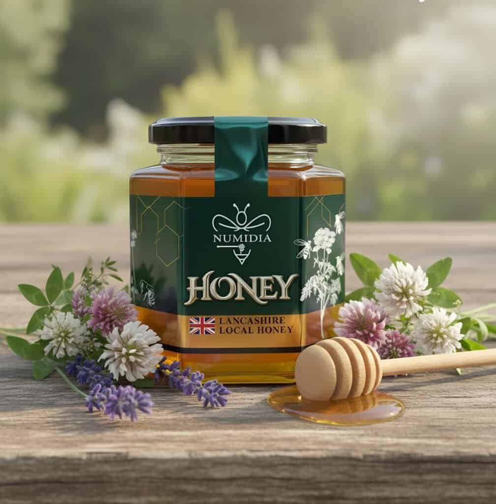 Numidia Kingdom British honey jar on a kitchen countertop with berries and honey dipper.