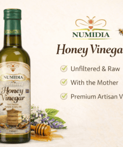 Numidia 250ml Unfiltered Honey Vinegar bottle displayed on a cream background with flowers, honey dipper, and product benefits including Unfiltered & Raw, With the Mother, and Premium Artisan Vinegar.