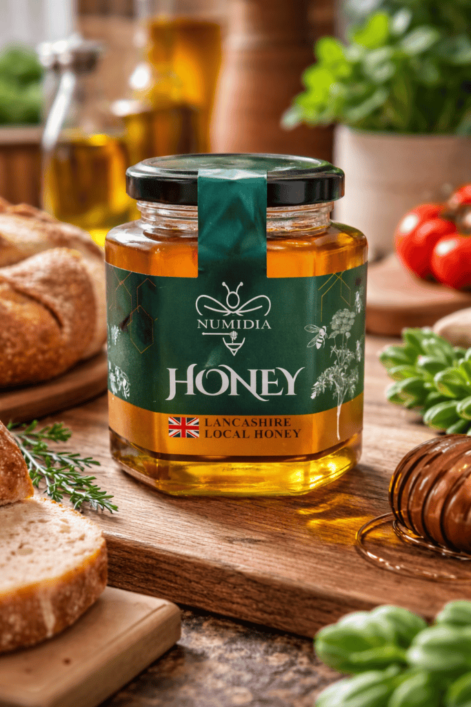 500g Numidia Lancashire Local Honey jar on a rustic wooden table surrounded by bread, herbs, and fresh ingredients.