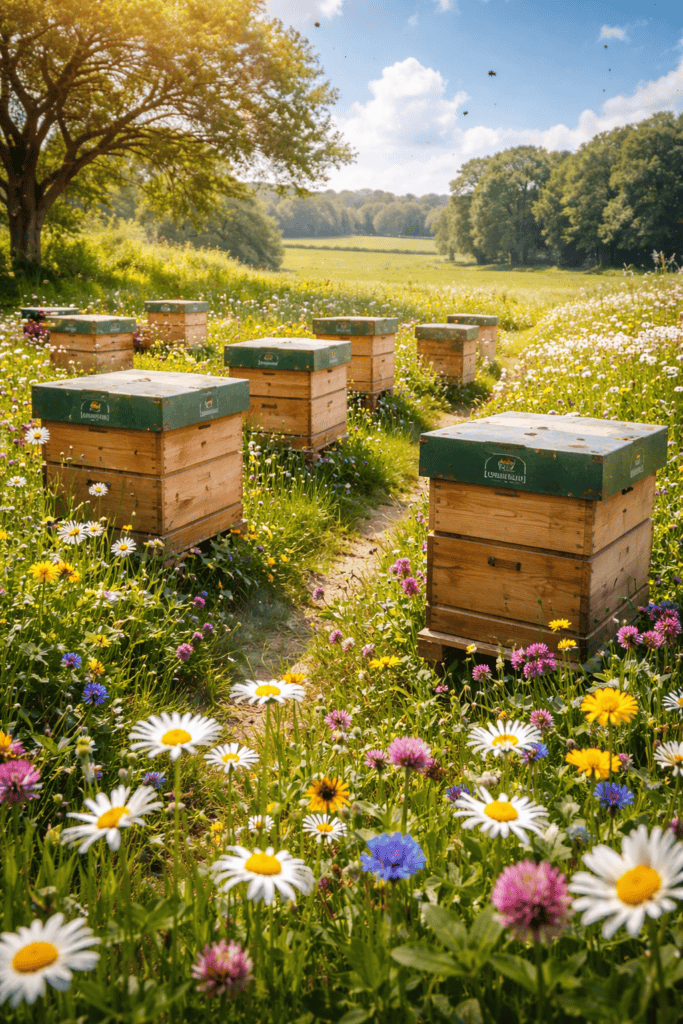 Rows of Numidia beehives surrounded by Lancashire wildflowers in a peaceful meadow, showing where local honey begins.