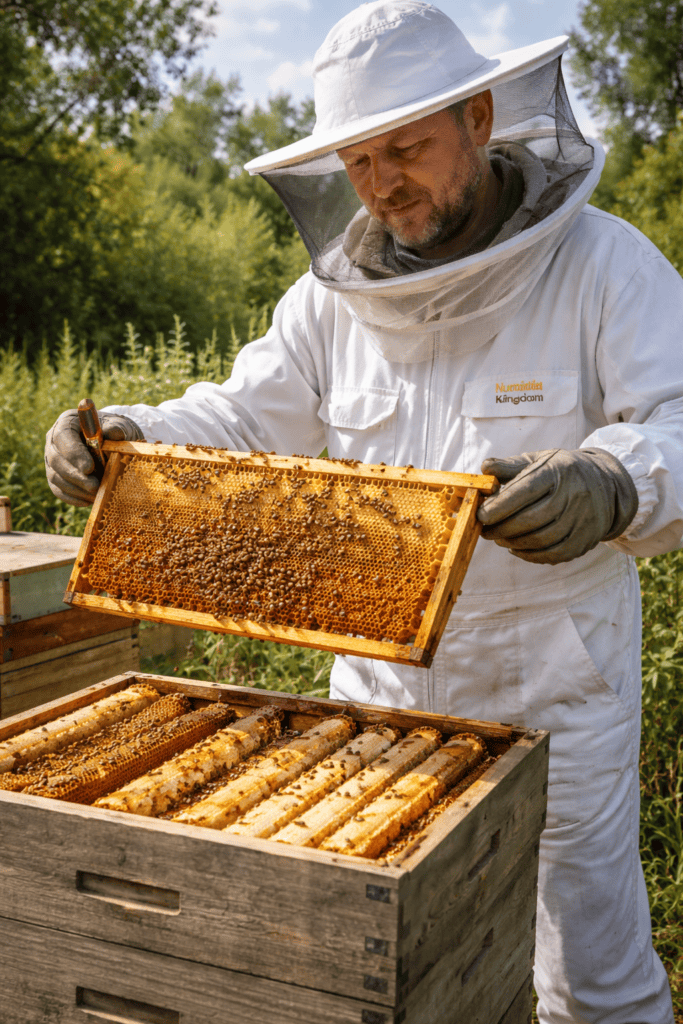 “Numidia beekeeper inspecting honeycomb frames used to produce premium British honey.”