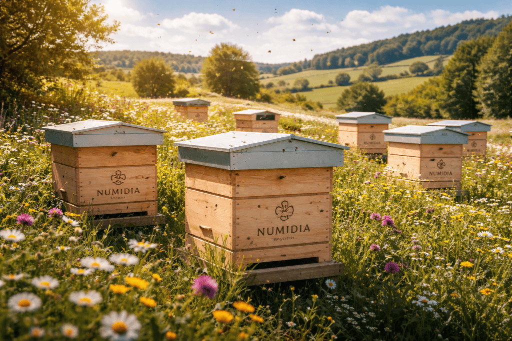Numidia British apiary with wooden beehives in a wildflower field in Lancashire