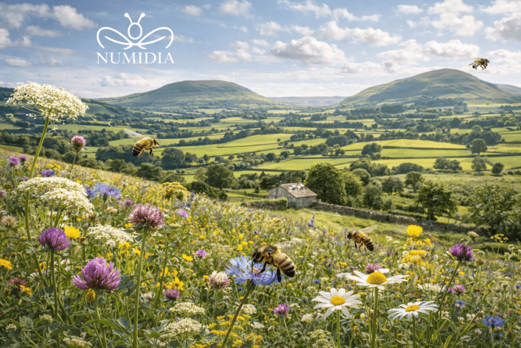 British countryside full of wildflowers and bees representing the natural environment behind premium British honey by Numidia