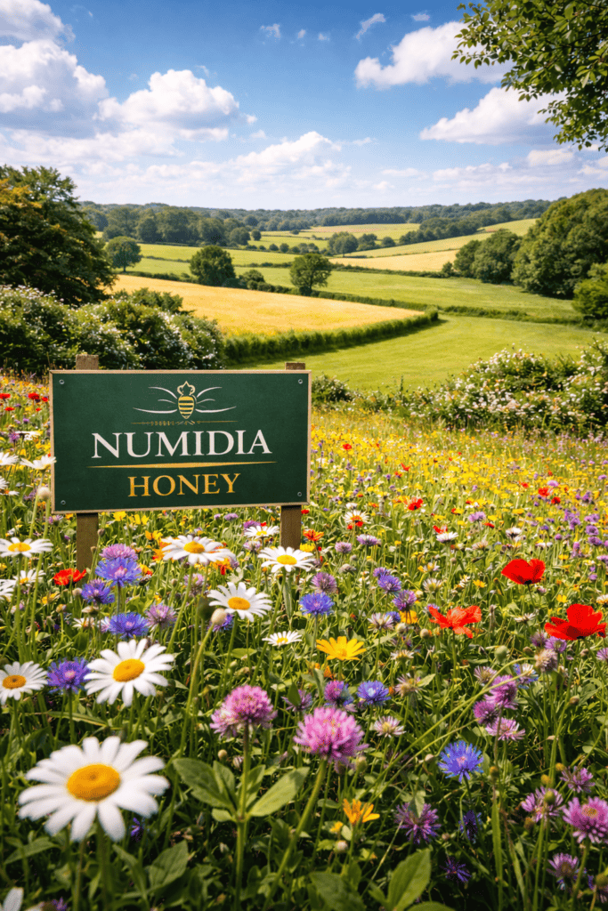 Numidia Honey sign placed in a British countryside field surrounded by colourful wildflowers, hedgerows, and rolling green farmland.