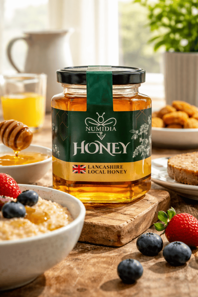 A jar of Numidia Lancashire British honey on a rustic breakfast table with berries, oats, and toast.
