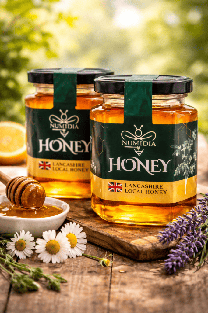 Close-up product photo of Numidia Kingdom British honey jars on a rustic wooden table with flowers and honey dipper.