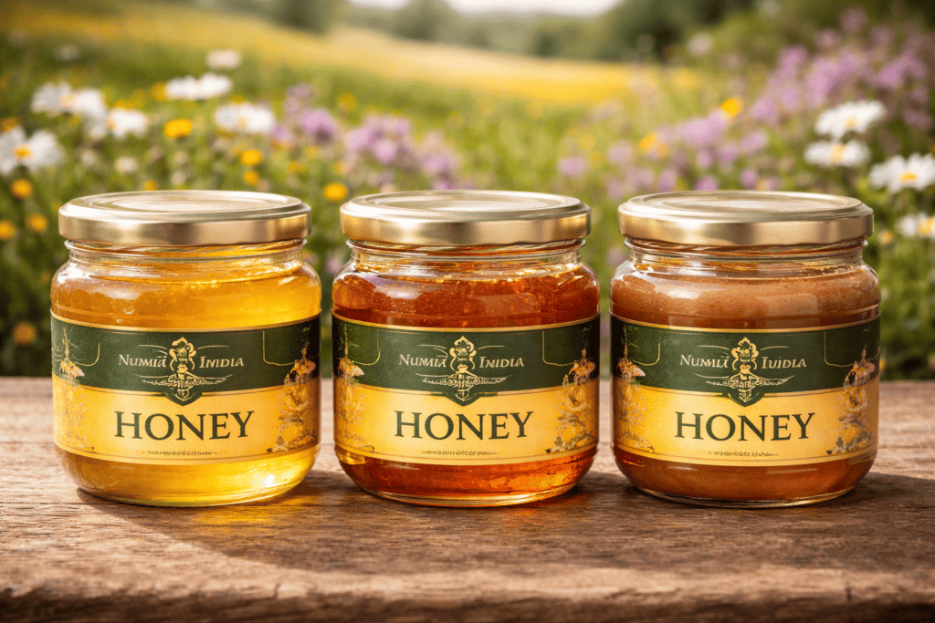 Three Numidia British honey jars displayed side-by-side outdoors, each showing different colours and textures that represent unique regional flavour profiles.