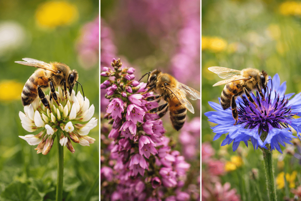 Close-up of honeybees gathering nectar from clover, heather, and wildflowers, showing how floral variety shapes the flavour of British honey.