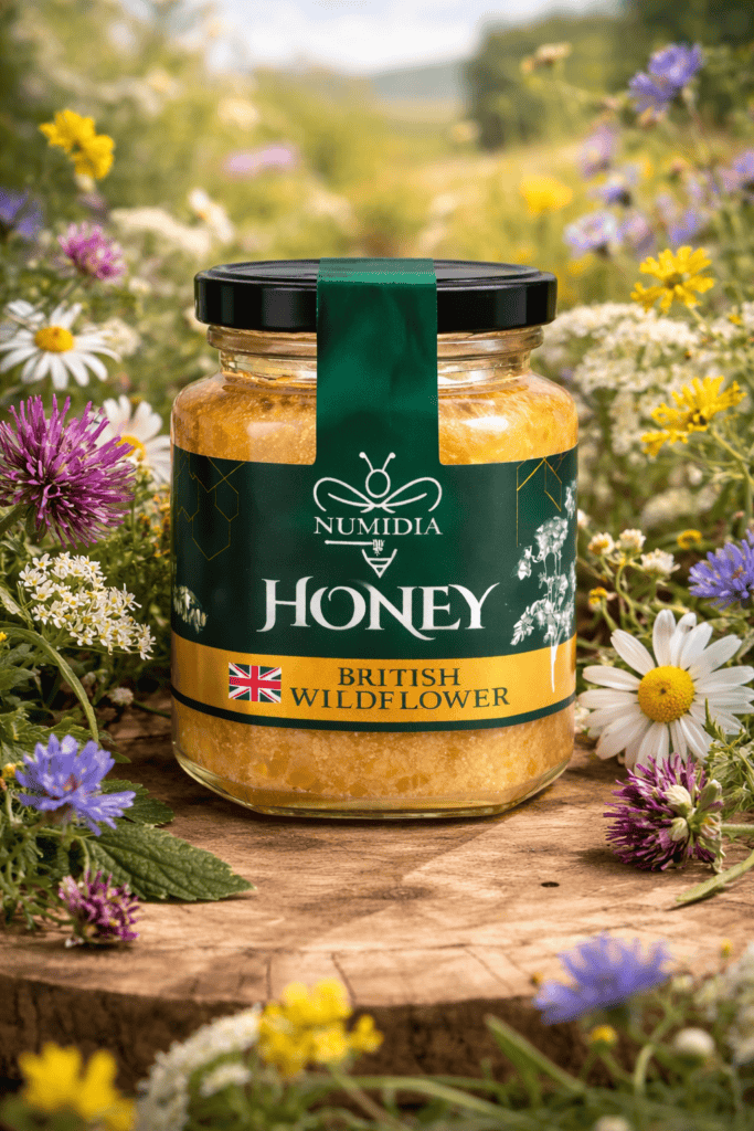 Jar of Numidia British wildflower honey surrounded by colourful wildflowers on a wooden surface