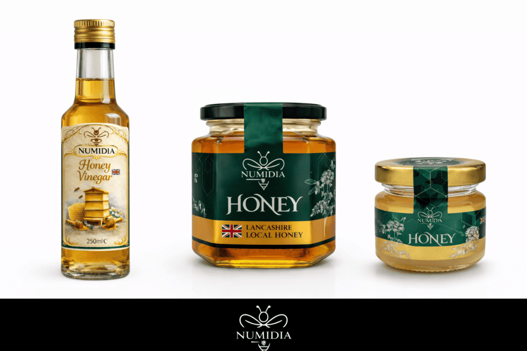 Numidia product collection featuring honey vinegar, Lancashire honey, and  mini honey jar on a white background.