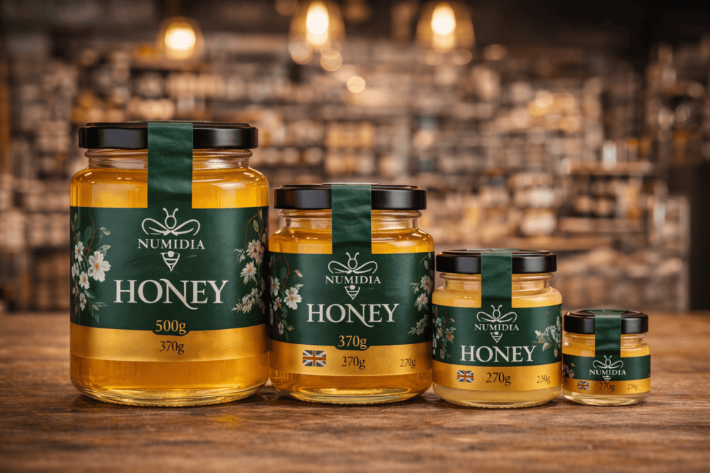 Numidia - jars displayed professionally on table – pure natural honey from UK