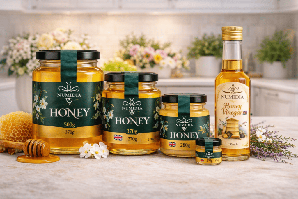 Numidia honey jars plus honey vinegar displayed in a bright kitchen with flowers and honeycomb.
