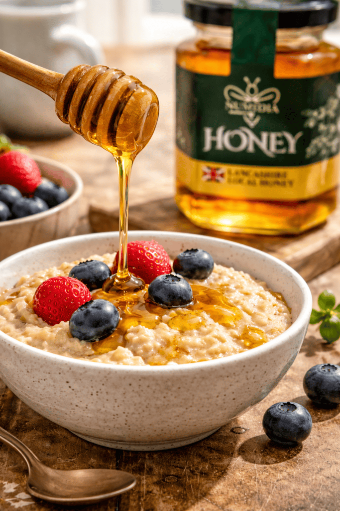 Honey being drizzled over a bowl of porridge topped with fresh fruits using Numidia Lancashire Honey.