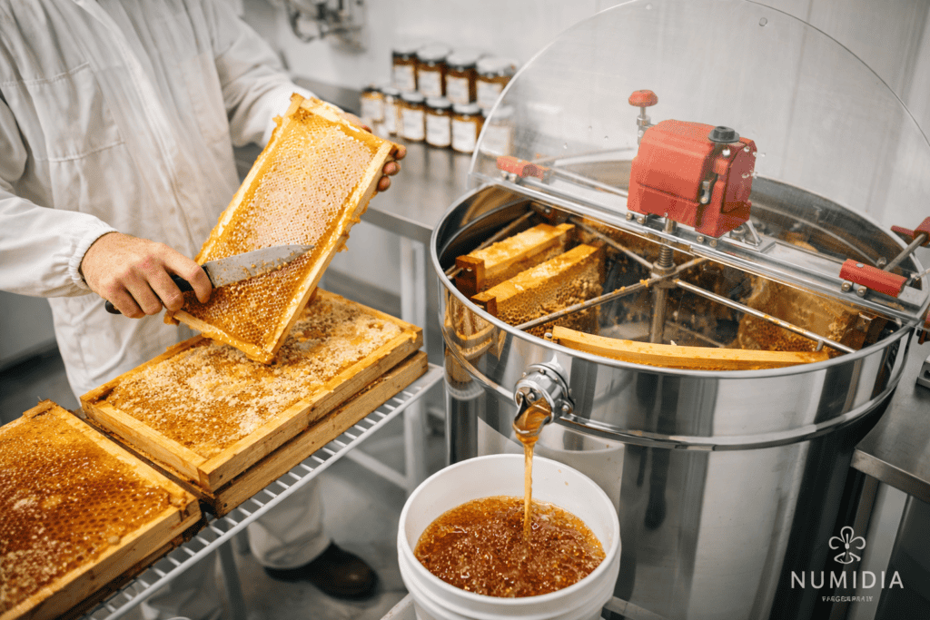 Numidia beekeeper extracting honey frames and spinning honey in a clean stainless steel extraction room