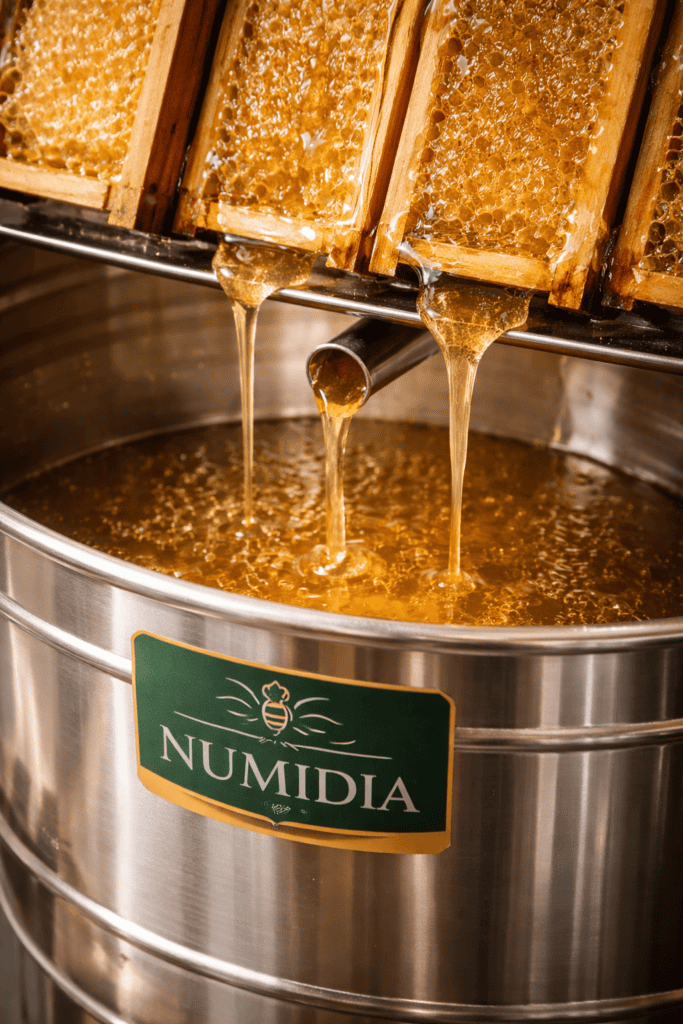 Fresh golden honey flowing from uncapped frames into a stainless-steel extractor, showing the purity and natural colour of Numidia local honey.