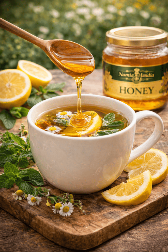 A spoonful of Numidia local honey dripping into a warm cup of herbal tea with lemon slices, chamomile flowers, and fresh mint on a rustic wooden board.
