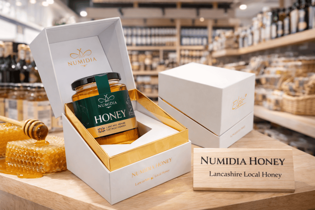 Numidia Lancashire Local Honey in luxury white and gold gift box displayed in gourmet shop