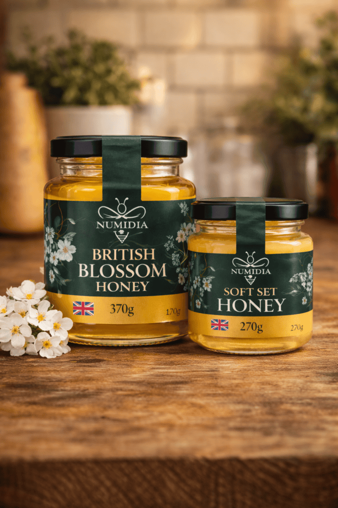 Numidia British Blossom Honey and Soft Set Honey jars displayed on a wooden table indoors.