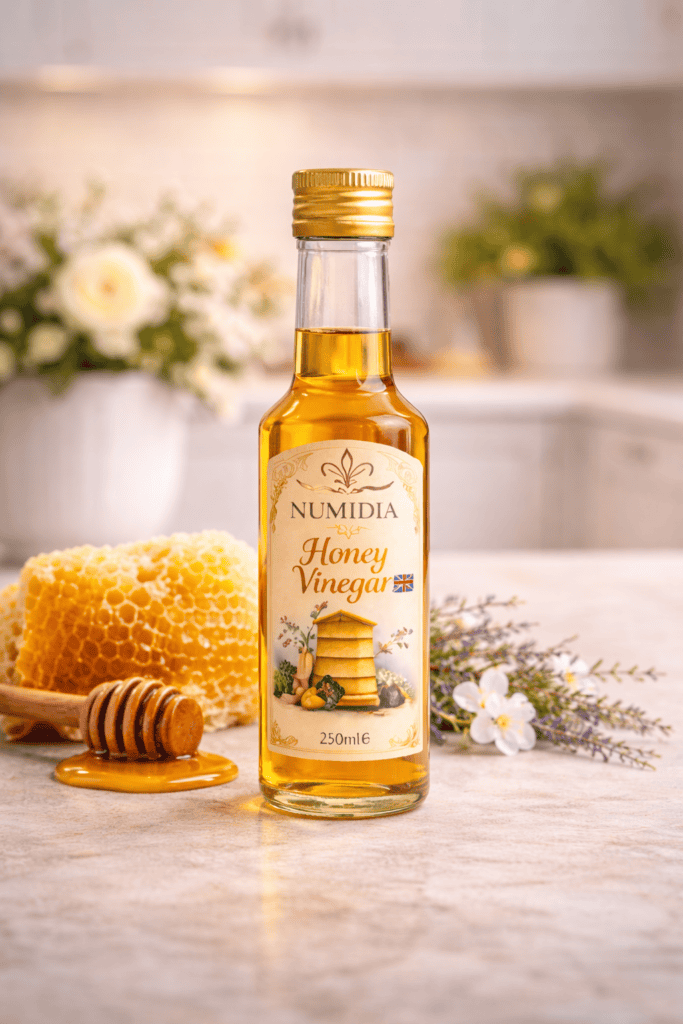 Numidia honey vinegar bottle with golden colour, displayed on a bright kitchen background with flowers.