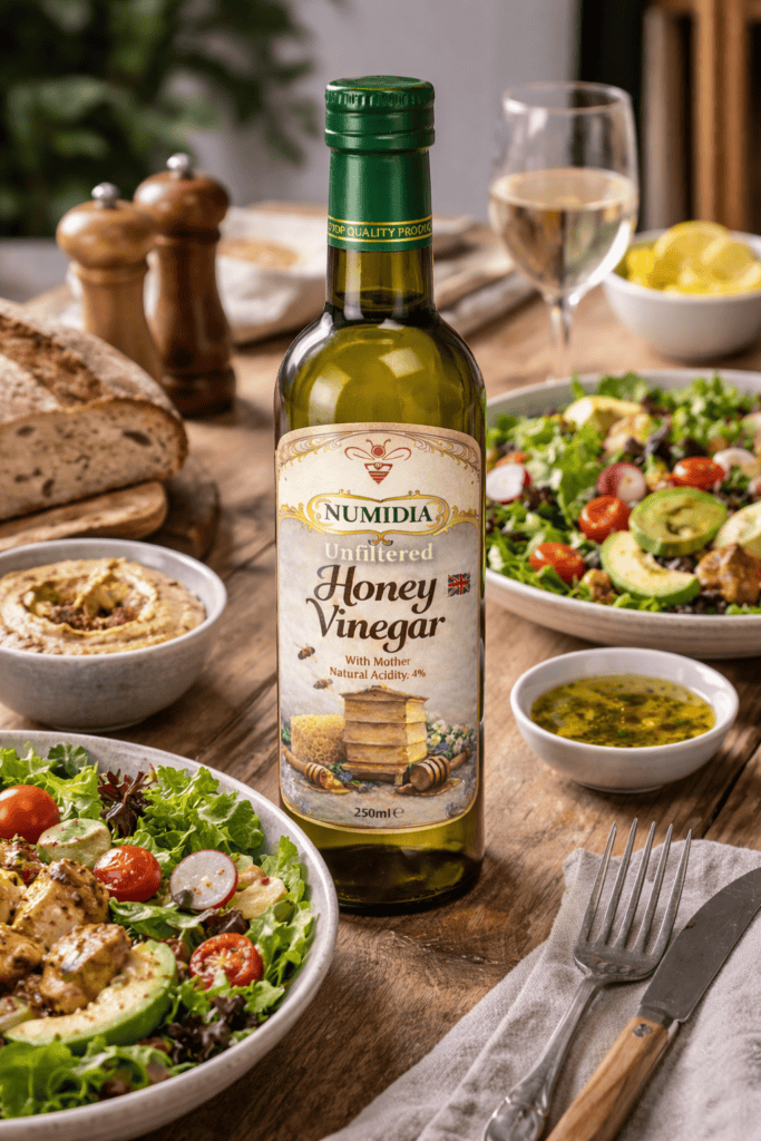 A bottle of Numidia Unfiltered Honey Vinegar placed on a rustic dinner table with fresh salad, bread, hummus, vinaigrette, and a glass of white wine.