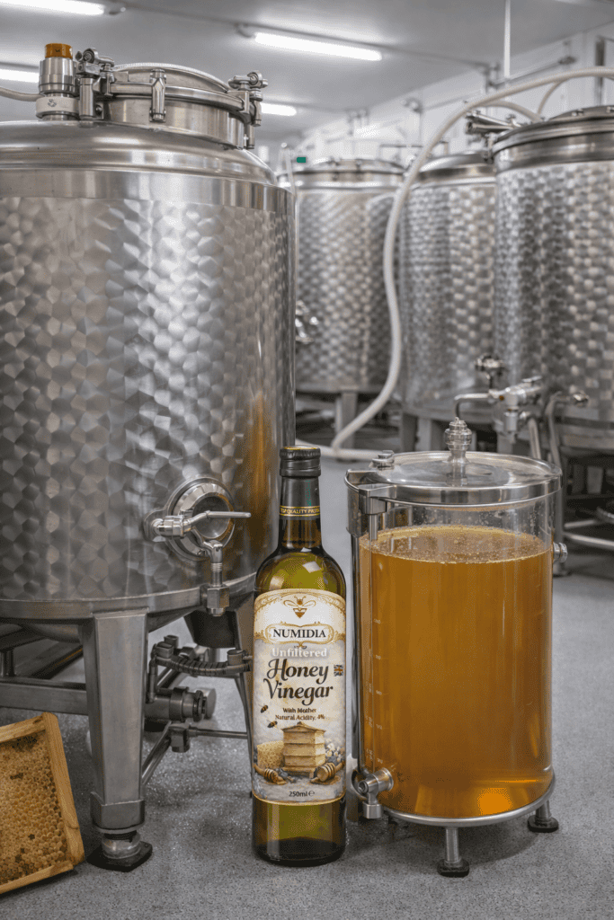 Stainless steel fermentation tanks producing Numidia unfiltered honey vinegar with mother in a UK facility.