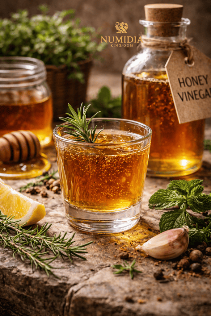Numidia Honey Vinegar in a glass with fresh herbs, showing golden colour and natural health benefits.
