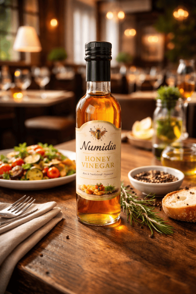 Numidia Honey Vinegar bottle on a wooden restaurant table with salad and herbs in the background