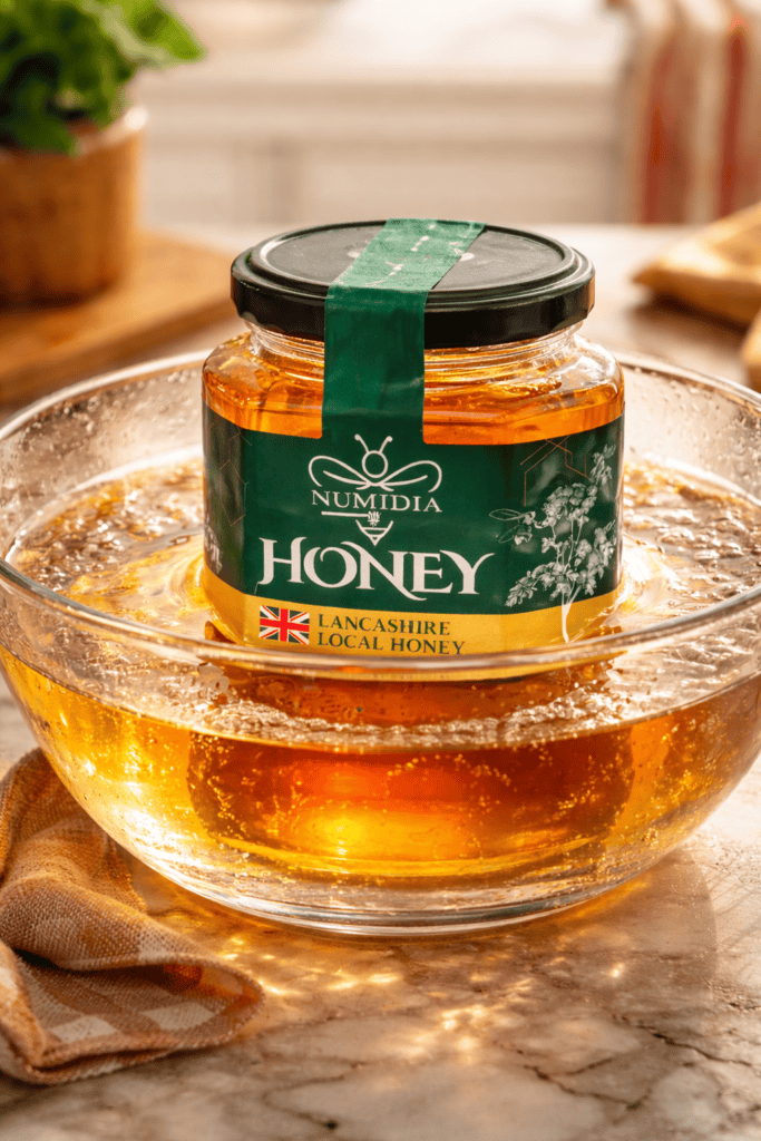 Numidia Lancashire Local Honey jar placed in a bowl of warm water for gentle de-crystallisation, showing the natural golden colour of raw British honey